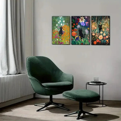 3pcs Cat and Flowers Vintage Black Cat Floral Art Metal Print Ready to Hang Art