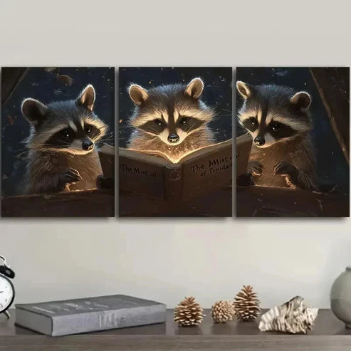 3pcs Raccoon Trio Reading Book Wall Art Set Canvas Unframed - High Quality Print 100% Australian Made Wall Canvas