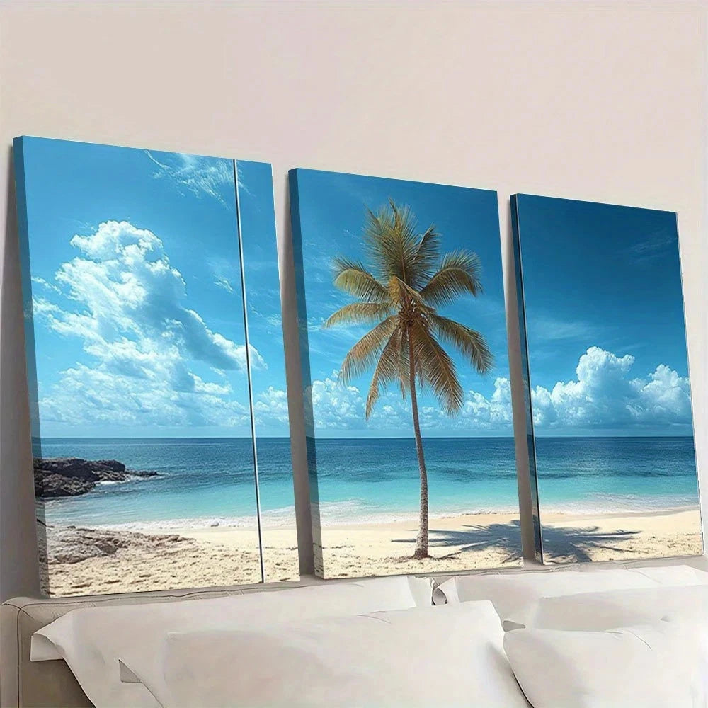 3pcs Coastal Pine Beach Serene Ocean & Sky Wall Art Set Canvas Framed 40x60cm - High Quality Print 100% Australian Made Wall Canvas Ready to Hang