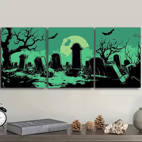 3pcs Graveyard Halloween Theme Wall Art Set Canvas Unframed - High Quality Print 100% Australian Made Wall Canvas