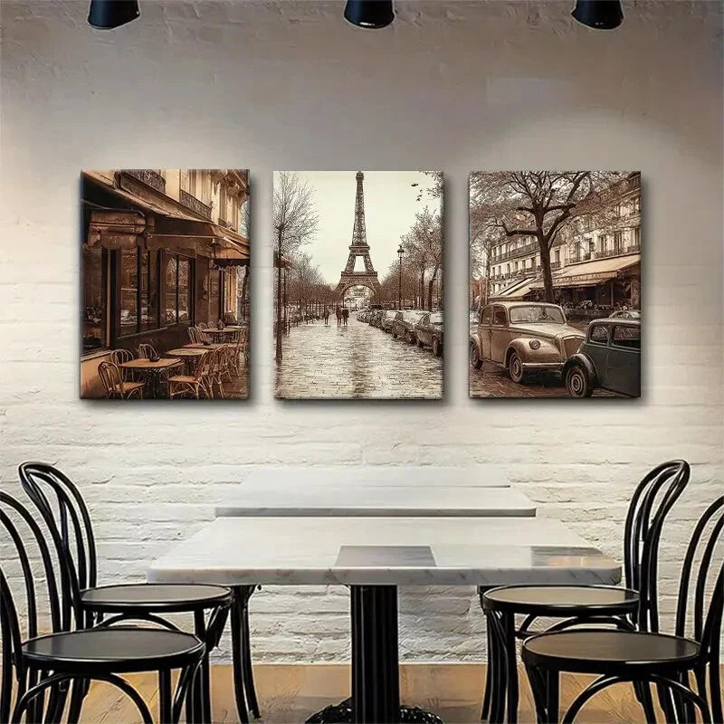 3pcs Vintage Parisian Streetscape Eiffel Tower Metal Print Ready to Hang Art