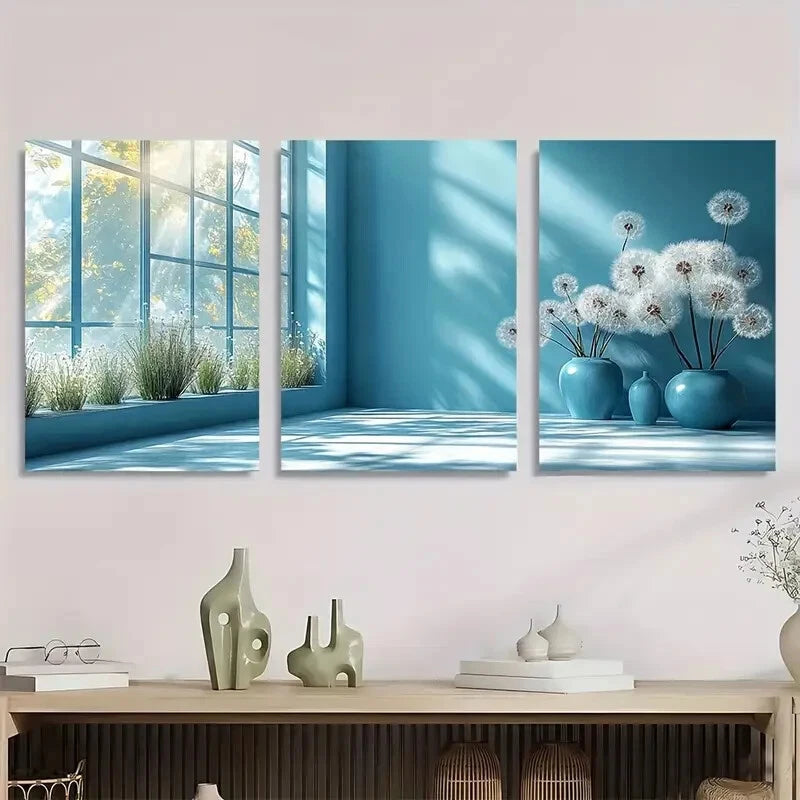 3pcs Painting Window and Dandelion Metal Print Ready to Hang Art