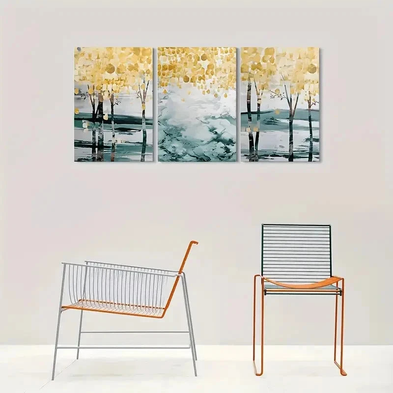 3pcs Golden & Blue Leaf Design Metal Print Ready to Hang Art