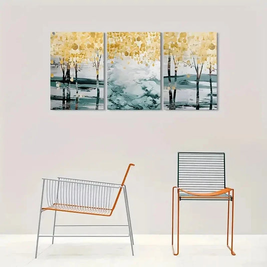 3pcs Golden & Blue Leaf Design Metal Print Ready to Hang Art