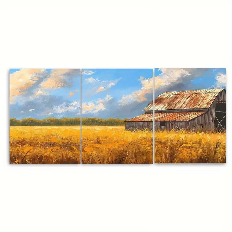 3pcs Wooden Barn & Golden Wheat Field Metal Print Ready to Hang Art