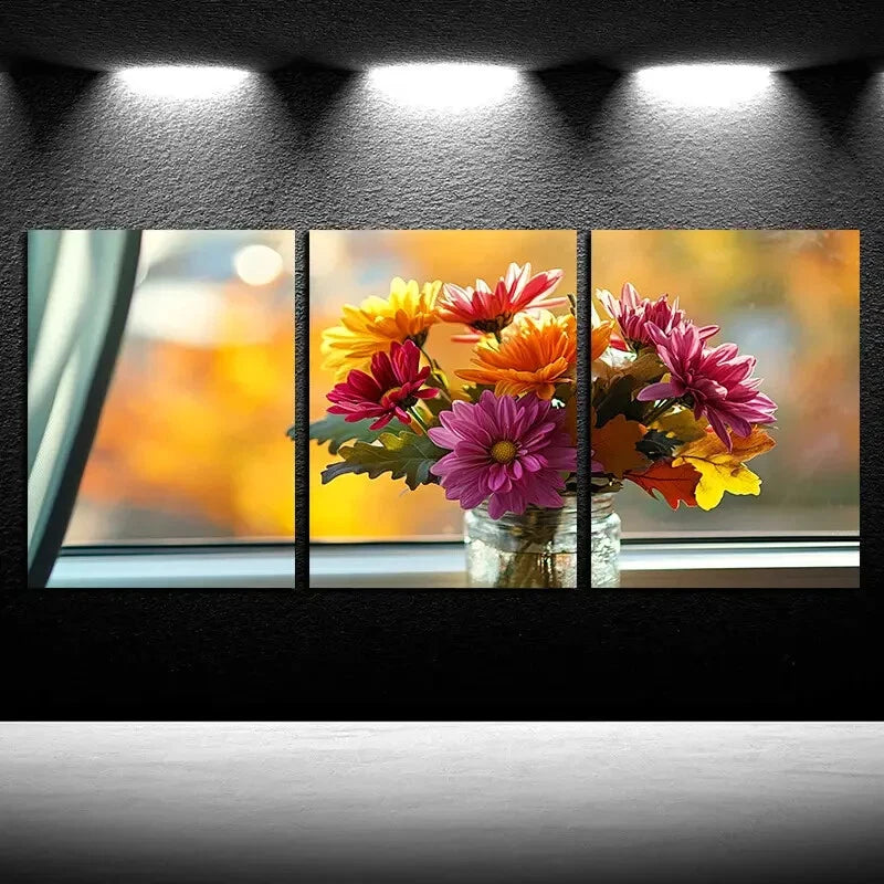 3pcs Vibrant Flowers on the windowsill Metal Print Ready to Hang Art