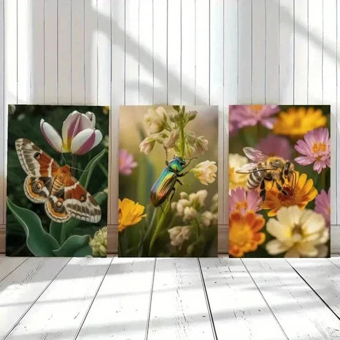 3pcs Butterfly, Beetle, Bee, Flowers Wall Art Set Canvas Unframed - High Quality Print 100% Australian Made Wall Canvas
