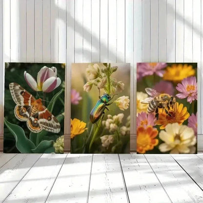 3pcs Butterfly, Beetle, Bee, Flowers Wall Art Set Canvas Unframed - High Quality Print 100% Australian Made Wall Canvas