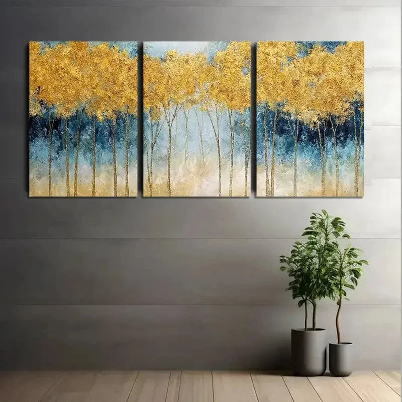 3pcs Golden Forest Landscape with Blue Accents Metal Print Ready to Hang Art