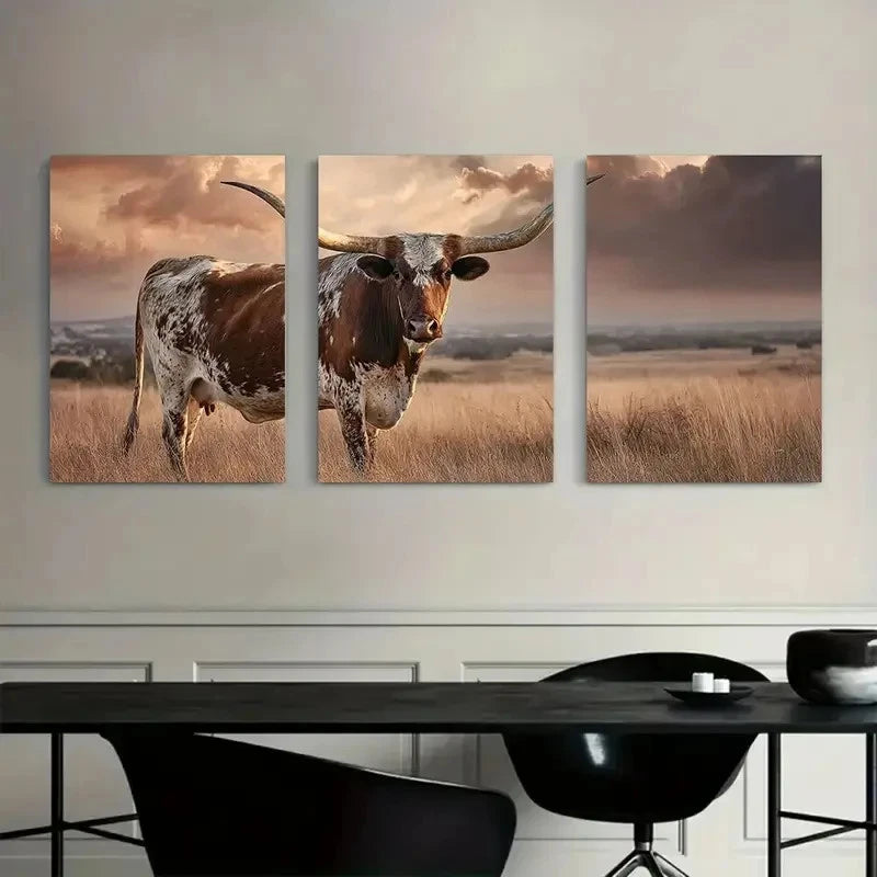 3pcs Longhorn Bull in Open Field Artwork Metal Print Ready to Hang Art