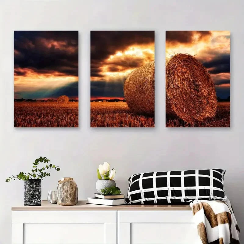 3pcs Warm Golden Field Landscape with Vibrant Sky Metal Print Ready to Hang Art