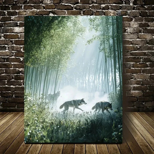 Wolf Pack in Bamboo Grove Morning Mist Painting 40x60cm Metal Print Ready to Hang