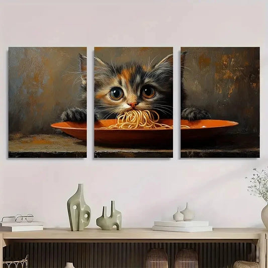 3pcs Whimsical Cat Eating Noodles Painting Metal Print Ready to Hang Art