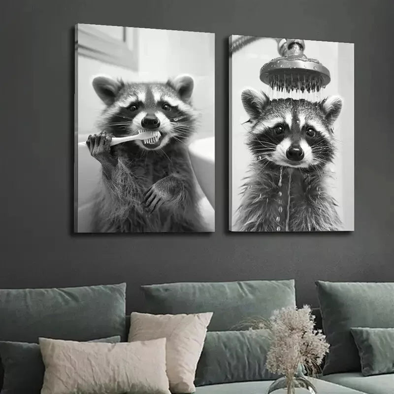 2pcs Black and White Photo of a Raccoon in it's Daily Routine Canvas Framed 50x75cm - High Quality Print 100% Australian Made Wall Canvas Ready to Hang