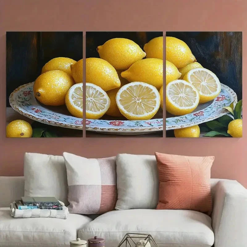 3pcs Vibrant Lemon Still Life Metal Print Ready to Hang Art