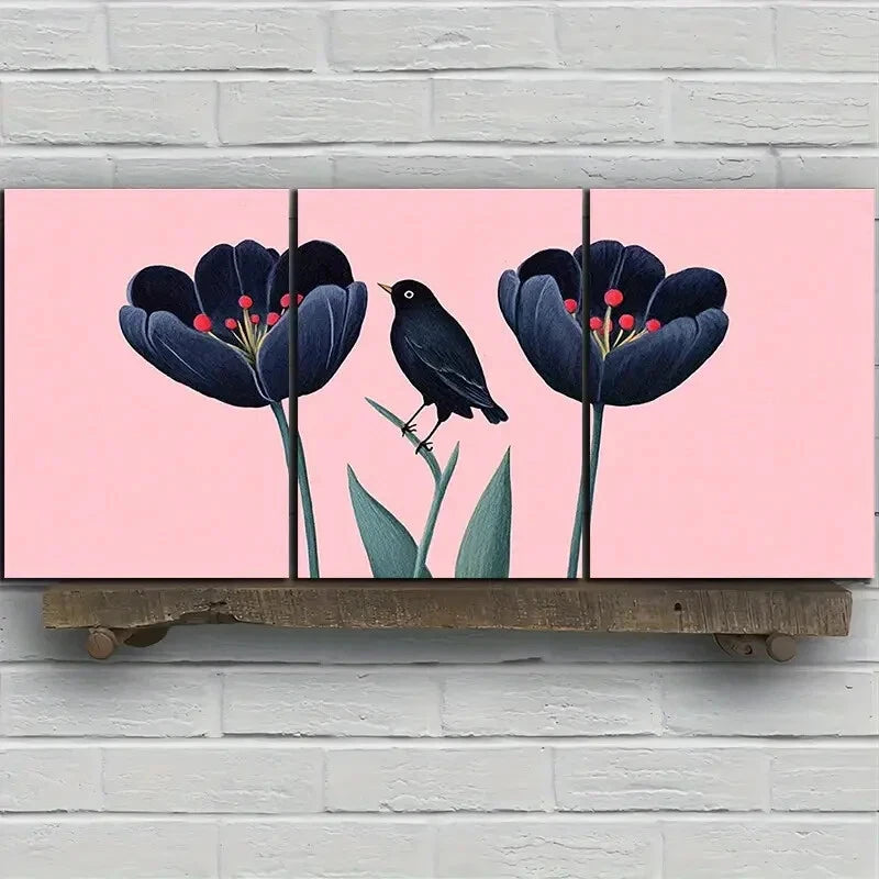 3pcs Birds and Plants Green Leaves Metal Print Ready to Hang Art