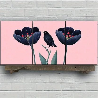 3pcs Birds and Plants Green Leaves Metal Print Ready to Hang Art