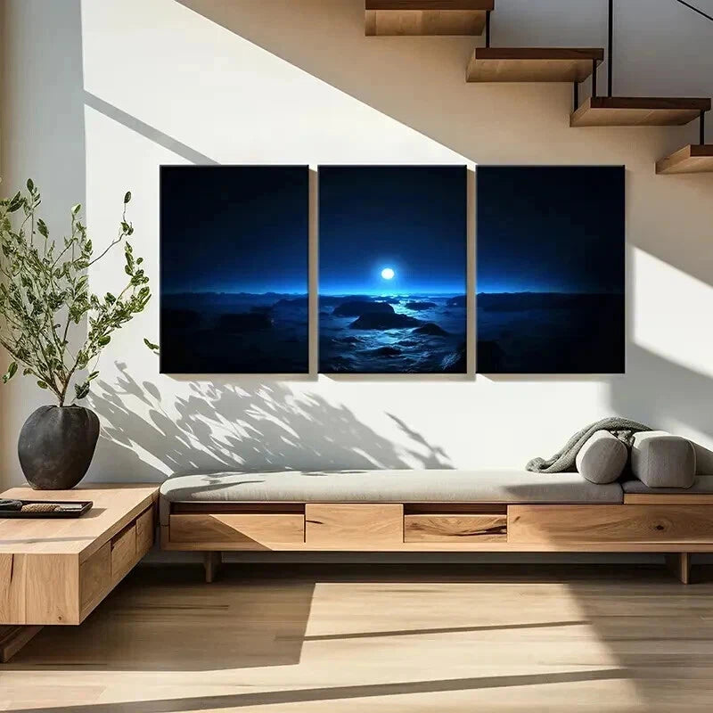 3pcs Full Moon Over Beach Landscape Wall Art Set Canvas Framed 40x60cm - High Quality Print 100% Australian Made Wall Canvas Ready to Hang