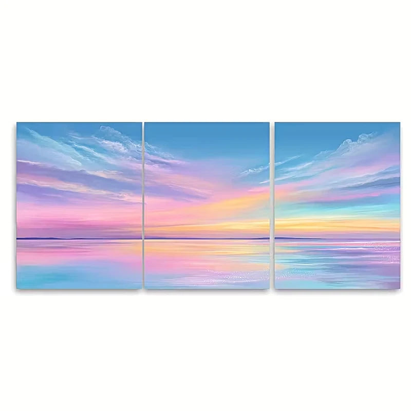 3pcs Soft Beach Sunrise Painting Coastal Landscape Metal Print Ready to Hang Art