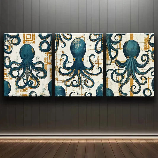 3pcs Contemporary Octopus Sea Animal Metal Print Ready to Hang Art