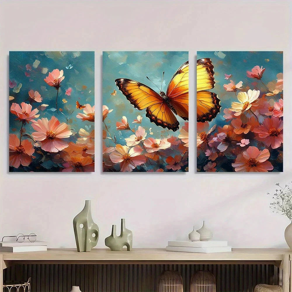 3pcs Vibrant Floral and Butterfly Metal Print Ready to Hang Art