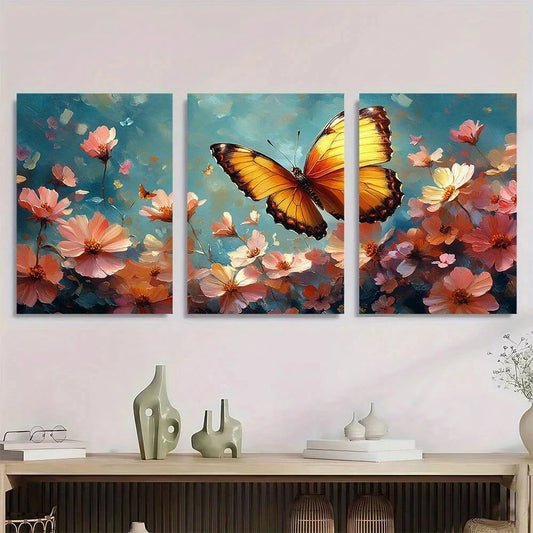 3pcs Vibrant Floral and Butterfly Metal Print Ready to Hang Art