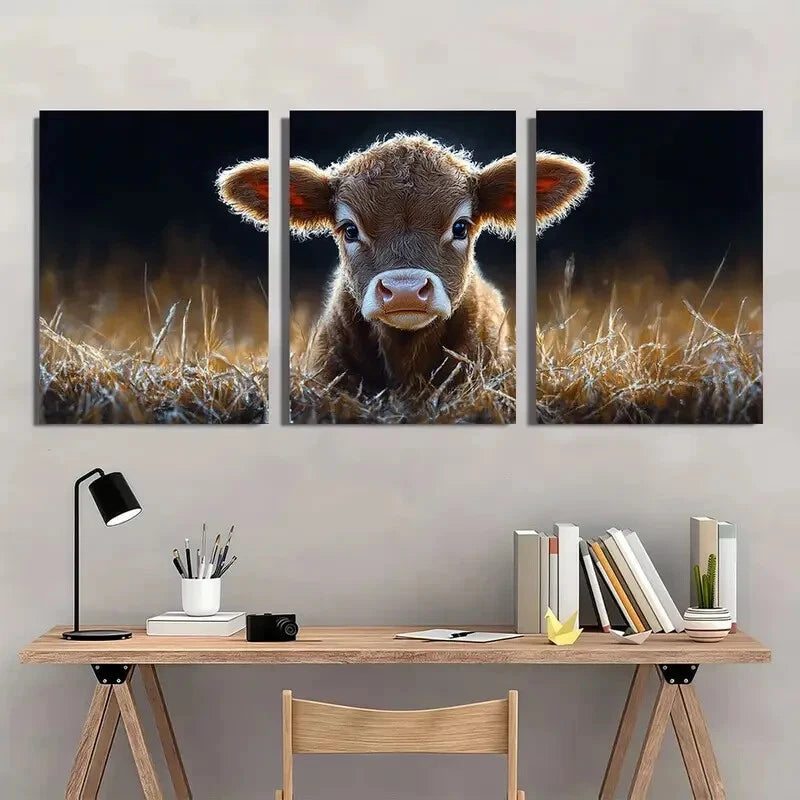 3pcs Serene Brown Calf in Golden Grass Metal Print Ready to Hang Art