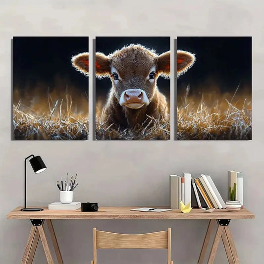3pcs Serene Brown Calf in Golden Grass Metal Print Ready to Hang Art