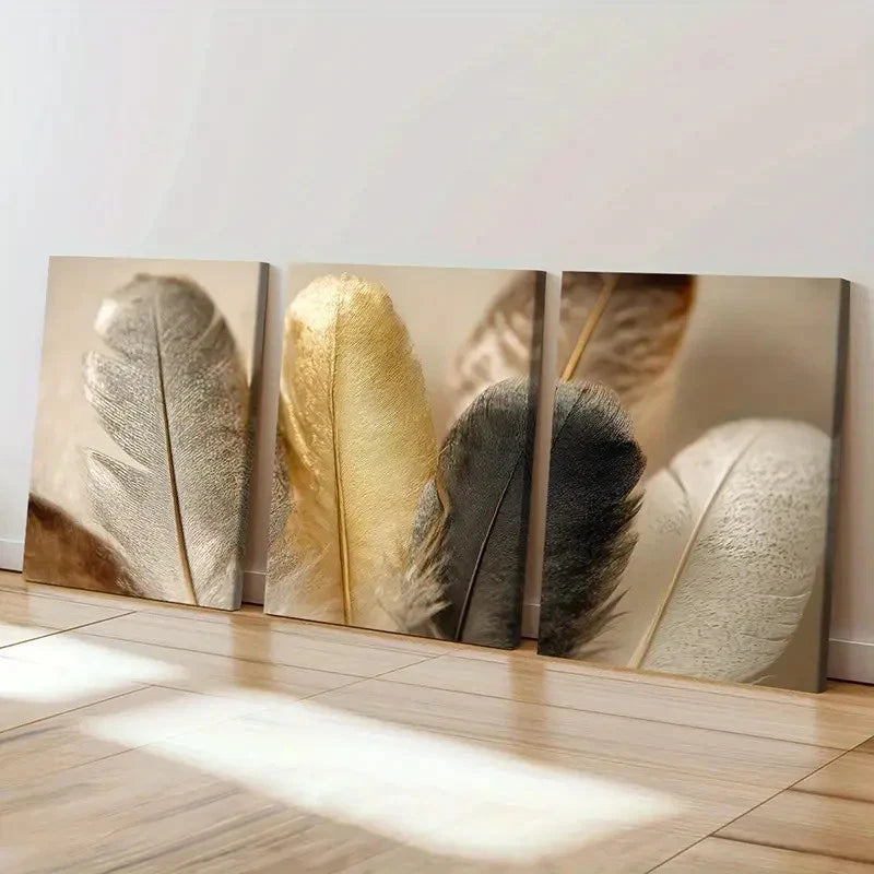 3pcs Feathers Golden Silvery Black White Decor Wall Art Set Canvas Framed 60x90cm - High Quality Print 100% Australian Made Wall Canvas Ready to Hang