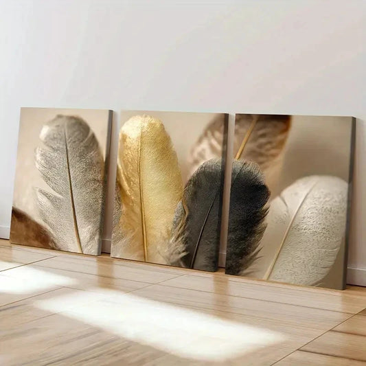 3pcs Feathers Golden Silvery Black White Decor Wall Art Set Canvas Framed 60x90cm - High Quality Print 100% Australian Made Wall Canvas Ready to Hang