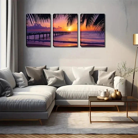3pcs Coastal Beach Sunrise Oil Painting Wall Art Set Canvas Framed 40x60cm - High Quality Print 100% Australian Made Wall Canvas Ready to Hang