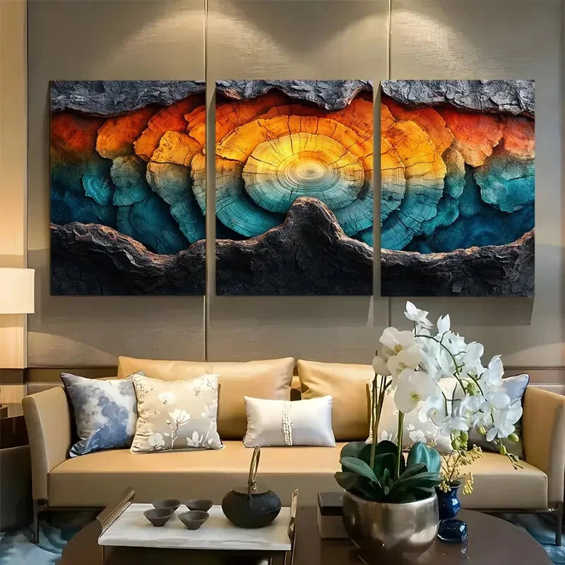 3pcs Colorful Tree Rings Top Down View Design Metal Print Ready to Hang Art