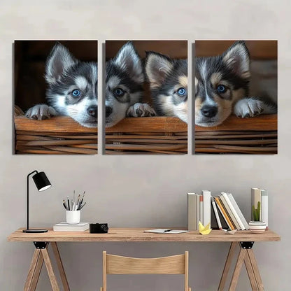 3pcs Adorable Husky Puppies Animal Themed Wall Art Set Canvas Framed 60x90cm - High Quality Print 100% Australian Made Wall Canvas Ready to Hang