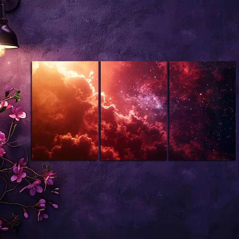 3pcs Nebula with Red and Pink Glowing Gas Clouds Wall Art Set Canvas Framed 60x90cm - High Quality Print 100% Australian Made Wall Canvas Ready to Hang