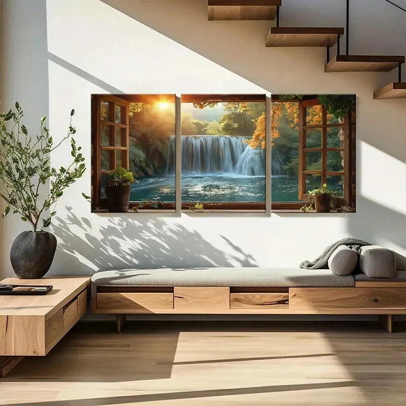 3pcs Waterfall Sunlight Autumn Trees Natural Metal Print Ready to Hang Art