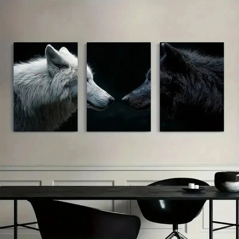 3pcs White & Black Wolf Face Portraits Metal Print Ready to Hang Art