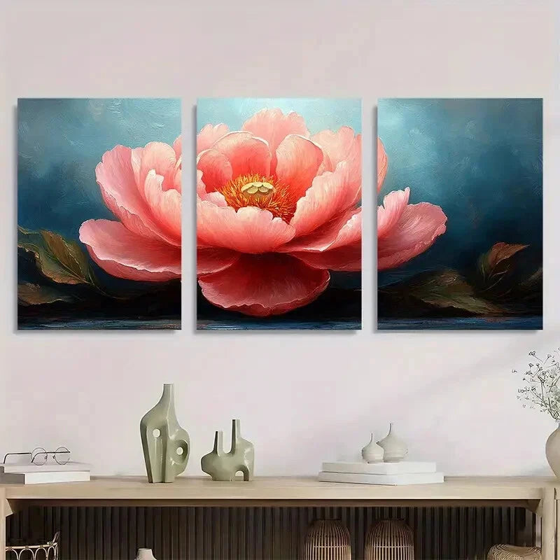 3pcs Vibrant Pink Peonies with Blue Metal Print Ready to Hang Art