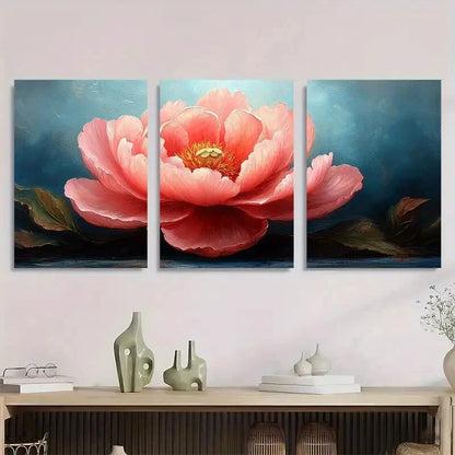 3pcs Vibrant Pink Peonies with Blue Metal Print Ready to Hang Art