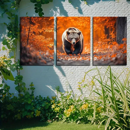 3pcs Bear in Fallen Leaves Autumn Scene Metal Print Ready to Hang Art