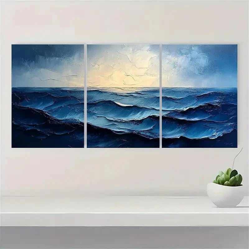 3pcs Blue and Gray Abstract Textured Painting Metal Print Ready to Hang Art