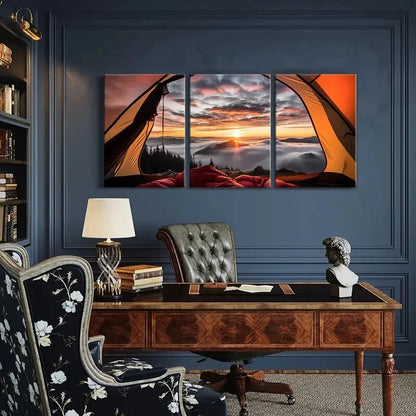 3pcs Tent View Mountain Range Painting Metal Print Ready to Hang Art