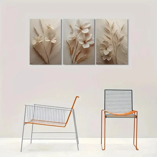 3pcs Beige White Flowers with Stems and Leaves Wall Art Set Canvas Framed 40x60cm - High Quality Print 100% Australian Made Wall Canvas Ready to Hang