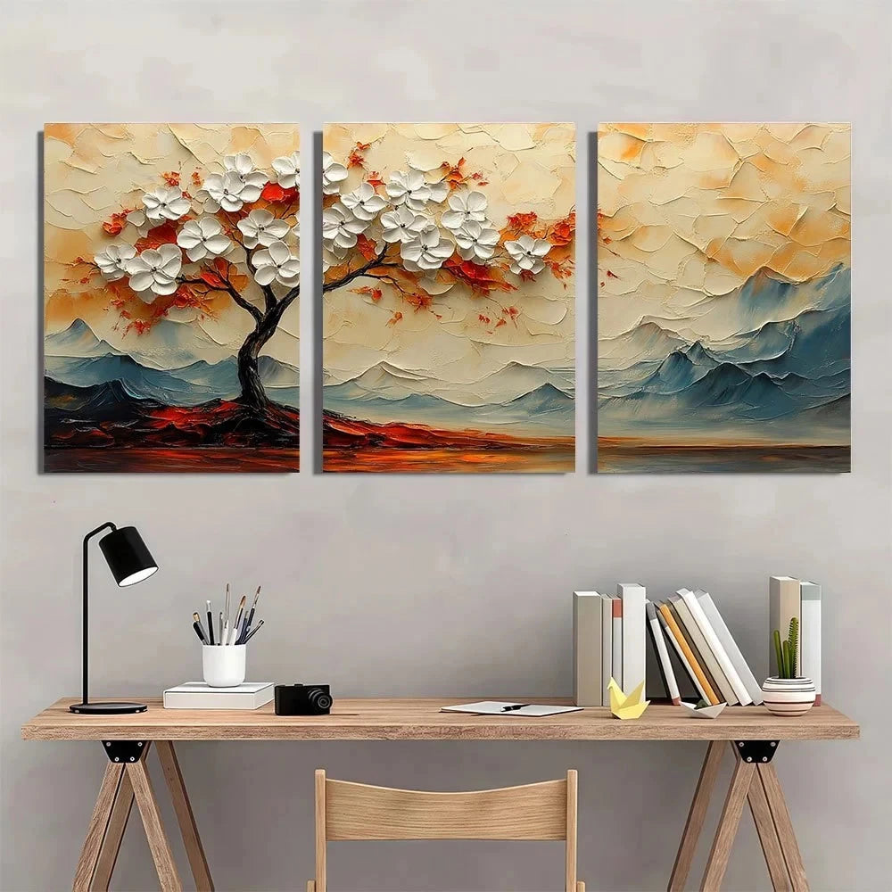 3pcs White Tree Modern Abstract Painting Metal Print Ready to Hang Art