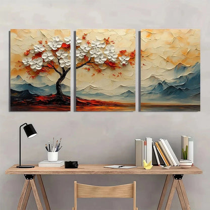 3pcs White Tree Modern Abstract Painting Metal Print Ready to Hang Art