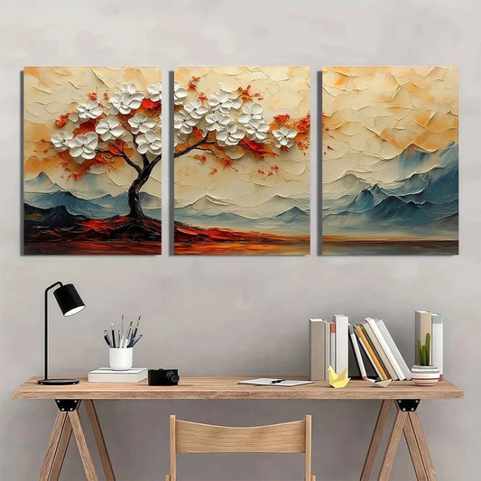 3pcs White Tree Modern Abstract Painting Metal Print Ready to Hang Art