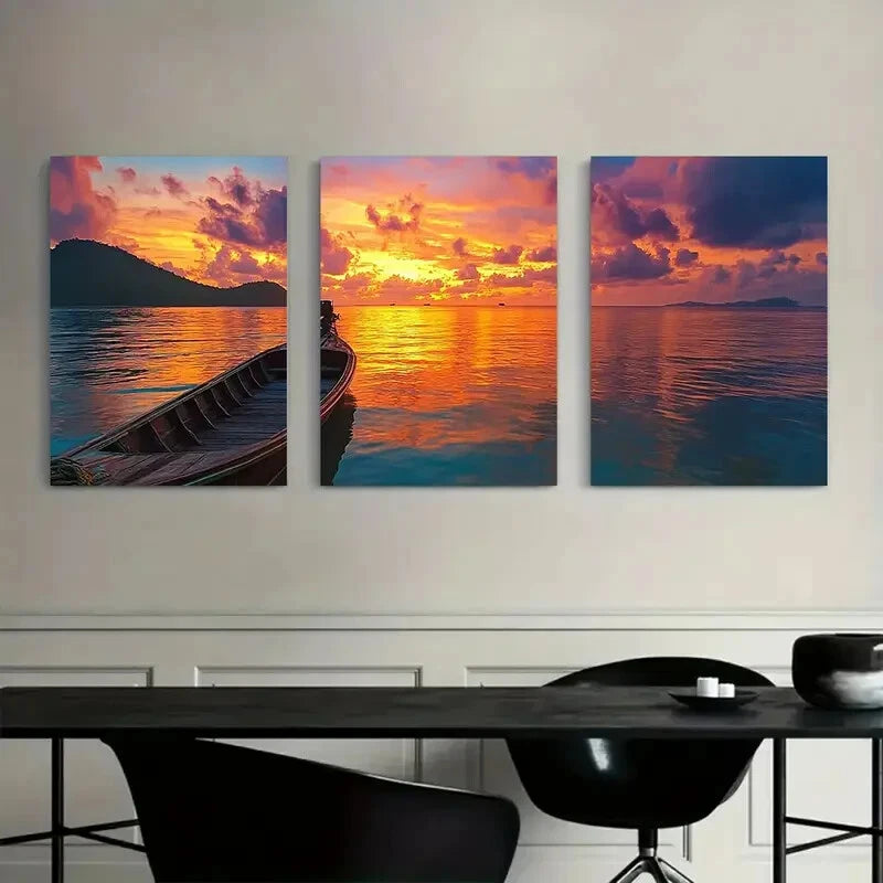 3pcs Sunset Golden Light on Distant Shore Metal Print Ready to Hang Art