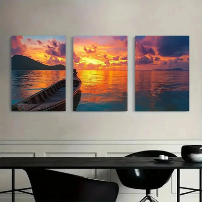 3pcs Sunset Golden Light on Distant Shore Metal Print Ready to Hang Art