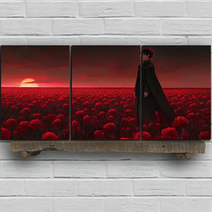 3pcs Floral Girl Red Flower Field Metal Print Ready to Hang Art