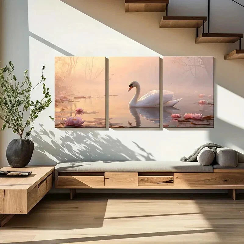 3pcs Elegant Swan Serene Lake Pink for Lotus Metal Print Ready to Hang Art
