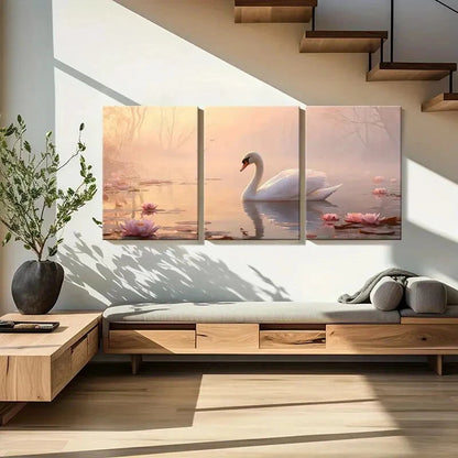 3pcs Elegant Swan Serene Lake Pink for Lotus Metal Print Ready to Hang Art